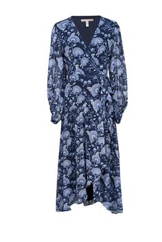 Current Boutique-Hutch - Navy & Blue Floral Paisley Print Wrap Dress Sz S Wedding Look, Gold Statement Earrings, Comfortable Style, Statement Earring, Printed Wrap Dresses, Wedding Looks, Hutch, Strappy Sandals, Spring Wedding