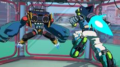 an animated video game with two people in the air and one person on a motorcycle