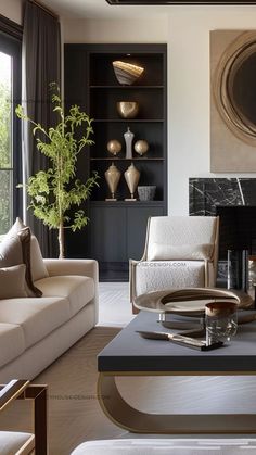 a living room with two couches and a table in front of a fire place