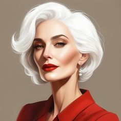 a painting of a woman with white hair and red lipstick, wearing a red shirt