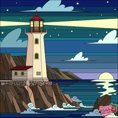 a painting of a lighthouse on top of a mountain with the ocean in the background