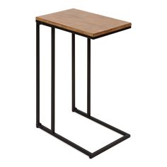 a wooden table with metal legs and a wood top on an isolated white background for use as a side table