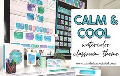 a white desk topped with lots of items and a sign that says calm & cool