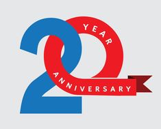 the two year anniversary logo is shown in red, white and blue with an arrow