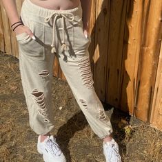 Cute And Comfy Sweats. Distressed Jogger Pants Featuring Distressed Ripped Detailing On Body And Elastic Waist Band With Adjustable String Strap And Finished With Elastic Band On Hem. Fabric : 100% Cotton Casual Oatmeal Bottoms For Spring, Floral Joggers, Matching Pants Set, Comfy Sweats, Wide Leg Lounge Pants, Drawstring Waist Pants, Relax Pants, Straight Fit Pants, White Romper