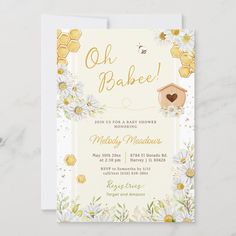 a white and yellow wedding card with flowers, bees and a beehive on it