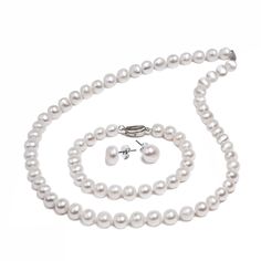 PRICES MAY VARY. This real elegant pearl set includes a 18 inch, 8.5-9.5mm pearl necklace and bracelet, 10.5-11mm pearl stud earrings with 925 sterling silver pea clasp. Pearls symbolize chastity, honesty, peace and beauty. According to legend, pearls are the gems of the moon god, formed by the tears of the moon god dripping into the shells of mussels. The pearl is a 101% genuine cultured pearl, that radiates the essence of beauty! All our jewelry comes in branded packaging that is carefully sel Classic White Gold Jewelry Sets As Gift, Classic White Gold Jewelry Set For Gifts, Classic White Gold Jewelry Set Gift, Classic White Gold Jewelry Set, Pearl White Jewelry For Mother's Day Formal Occasions, Classic White Sterling Silver Jewelry Sets, Classic White Pearl Bracelet For Mother's Day, Classic Pearl Jewelry Sets For Anniversary, Classic Pearl Drop Jewelry For Mother's Day