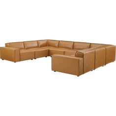 a brown leather sectional sofa sitting on top of a white floor