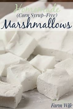 marshmallows on a white plate with the words homemade corn syrup - free marshmallows