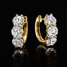 Ross-Simons - 3.00ct t. w. Lab Grown Diamond Huggie Hoop Earrings in 14kt Yellow Gold. 1/2". Score bigger, better sparkle for your budget! Our exceptional 3.00 ct. t. w. round brilliant-cut lab-grown diamond huggie hoop earrings are the perfect pair. Crafted in high-polished 14kt yellow gold, they offer an ideal size for any occasion with optimum sparkle from every angle. Hanging length is 1/2". Lab-grown diamonds are identical to mined diamonds according to their optical, physical and chemical Dazzling Yellow Gold Hoop Earrings With Prong Setting, Lab Grown Diamond Jewellery, Physical And Chemical Properties, Diamond Birthstone, Fine Jewelery, Diamond Hoop Earrings, Huggie Hoop Earrings, 14kt Gold, Round Brilliant