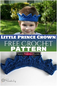 a little boy wearing a blue crochet crown with the text, free crochet pattern