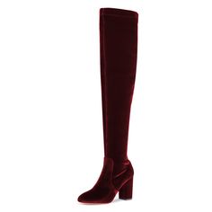 Step into style with these elegant burgundy velvet over-the-knee boots. Featuring a chunky heel for comfort and a luxurious look, they'll elevate any outfit with sophistication and flair. Color: Burgundy Material: Velvet Heel Type: Chunky heel Heel height: 4" / 100 mm approx Product measurements were taken using size 8. Please note that measurements may vary by size. Toe: Closed toe Handcrafted US sizing. Fits true to size. Clear Heel Boots, Boots Chunky Heel, Burgundy Boots, Kitten Heel Boots, Metallic Boots, Summer Boots, Boots Chunky, Thigh High Boots Heels, Sparkly Heels