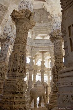 an elephant is standing between two pillars in a building with intricate carvings on the walls