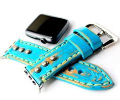 CUCKOO NEST ART STUDIO DESIGN 2017. | $105 | Turquoise Custom Apple Watch Strap only, Apple Watch not included. All the Apple Watch bands are available in two sizes for 38mm and 42mm Adjustable Blue Leather Apple Watch Band, Blue Bohemian Apple Watch Band With Bracelet Strap, Bohemian Blue Apple Watch Band With Bracelet Strap, Handmade Blue Watch Bands For Everyday Use, Handmade Adjustable Turquoise Watch Bands, Adjustable Blue Leather Watch Band, Handmade Blue Watch Bands As Gift, Turquoise Watch Band, Apple Watch Cuff