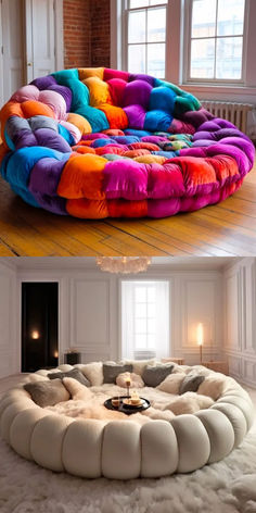 this is an image of a colorful bean bag chair in the middle of two different rooms