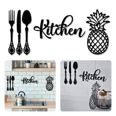 the kitchen wall decals have pineapples and spoons on them, along with utensils