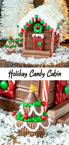 two pictures of holiday candy cabin decorations