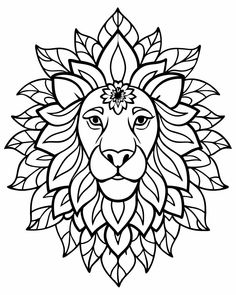 a black and white drawing of a lion's head with leaves on it, in the shape of a sunflower