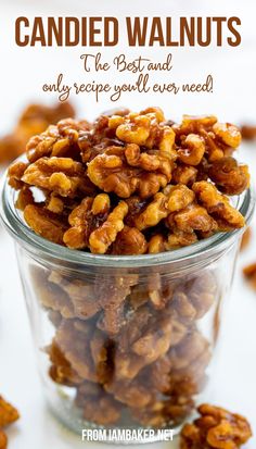 A clear jar, overflowing with candied walnuts. Air Fryer Candied Almonds, Candied Walnuts In Air Fryer, Candied Walnuts Easy Air Fryer, Candied Walnuts Easy Oven, Recipes Using Whole Almonds, Candy Walnuts Recipe Easy, Candied Walnuts Easy, Walnuts Candied, Walnut Candy