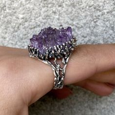 "Purple Druzy amethyst ring sterling silver, Huge raw stone ring Natural purple gemstone ring for women, branch ring, made in Armenia All our jewelry is crafted with great attention to detail! We strive to provide you the best quality, modern design, and perfect look!! All our jewelry is made of high-quality sterling silver and is stamped with a 925 stamp This is a natural stone and it is unique, so it might not be possible to make the second one with exactly the same stone (I will send the phot Raw Stone Crystal Promise Ring In Sterling Silver, Nature-inspired Silver Amethyst Jewelry, Unique Amethyst Crystal Ring For Wedding, Nature-inspired Amethyst Gemstone Jewelry, Unique Amethyst Crystal Ring With Natural Stones, Amethyst Ring With Natural Stones, Amethyst Rings With Natural Stones For Jewelry Making, Amethyst Crystal Ring With Natural Stones For Anniversary, Unique Silver Amethyst Crystal Ring