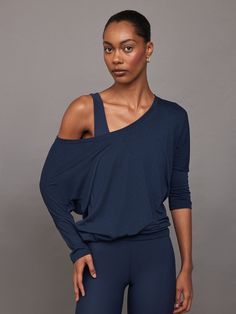 Long Sleeve Off Shoulder Tee - Navy Blazer Off Shoulder Sweatshirt, Convertible Bra, Carbon 38, Workout Sets, Navy Blazer, See By Chloe, Colored Blazer, Second Skin, Bra Tops