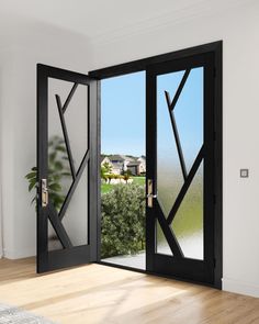 an open glass door in the middle of a room with wood flooring and white walls