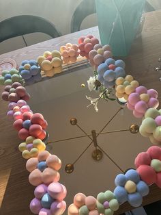 the table is decorated with pastel colored balloons