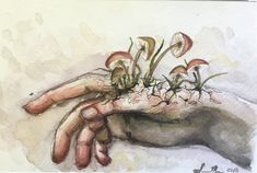 a drawing of a hand holding some flowers