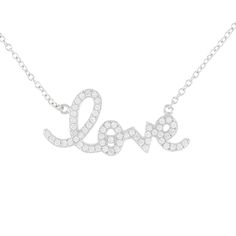 We are crushing on this sentimental and sweet delicate Love script necklace. This sparkling symbol of love strikes a perfect balance between sweet sentiment and style. Truly timeless this sparkling cubic zirconia necklace will have you falling in love.Details:• Round Brilliant Cubic Zirconia Stones• 18k Yellow Gold Plated or Rhodium Plated Sterling Silver• Length: Adjustable from 16 inches to 18 inches • Pendant Length: 27mm • Pendant Width: 12mm Silver Diamond Necklace For Wedding On Valentine's Day, Silver Diamond Necklace For Wedding And Mother's Day, Personalized Sterling Silver Diamond Necklace For Wedding, Elegant Necklace For Valentine's Day, Elegant Necklace For Valentine's Day Special Occasion, Personalized Silver Necklaces For Special Day, Mother's Day Wedding Sterling Silver Diamond Necklace, Cubic Zirconia Necklace For Wedding On Valentine's Day, Elegant Silver Necklace For Special Day