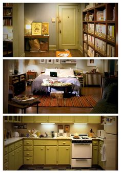 three different pictures of the same room in a house, one with bookshelves