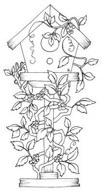 a birdhouse with flowers and birds around it, vintage line drawing or engraving illustration