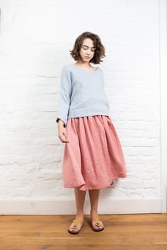 "SIZING AND FIT The skirt is true to size - we recommend choosing the size you usually wear. Before placing on order check our size chart below. Model in picture is 167cm ⅼ 5'6\" height and is wearing size M. Approximate length of the skirt for size M measured at the side seam is ±70cm ⅼ ±27.5\" SIZE XS Bust: around 33.5\" / 85cm Waist: around 26\" / 66cm Hips: around 36\" / 91 cm SIZE S Bust: around 35.5\" / 90 cm Waist: around 28\"/ 71 cm Hips: around 38\"/ 97 cm SIZE M Bust: around 37.5\" / 9 Relaxed Fit Long Gathered Skirt, Long Gathered Skirt With Relaxed Fit, Linen Flowy Dress With Lined Skirt, Flowy Linen Dress With Lined Skirt, Relaxed Full Skirt Dress With Pockets, Casual Linen Skirt For Fall, Spring Tiered Skirt Dress With Pockets, Dress With Pockets And Full Skirt, Spring Dresses With Pockets And Tiered Skirt