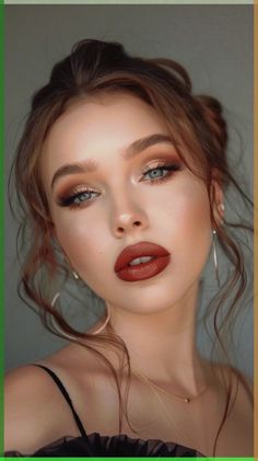 Makeup Ideas For Copper Dress, Full Face Makeup Brown Eyes, Classic Make Up Vintage Makeup, Makeup For Green Velvet Dress, Makeup Looks With Burgundy Dress, Peachy Brown Makeup, Wedding Makeup For Brown Eyes Red Hair, Wedding Makeup Red Dress, Rust Dress Makeup Look