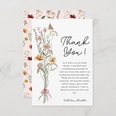 Wildflower Bridal Shower Thank You Card Editable Template Bridal Shower Thank You Cards, Bridal Shower Thank You Cards Wording, Thank You Phrases, Thank You Card Wording, Wildflower Bridal Shower, Love In Bloom, Bridal Shower Planning, Elegant Bridal Shower, Custom Thank You Cards