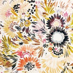 an abstract painting of flowers and leaves on a white background with black, orange, yellow, red, and pink colors