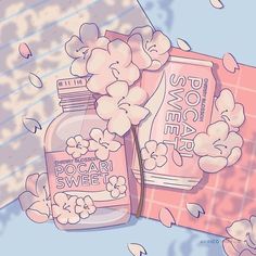 an illustration of two bottles of soap with flowers coming out of the bottle and petals flying around them