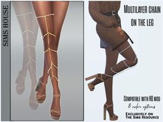 the legs and ankles of a woman wearing high heeled shoes with gold chains on them