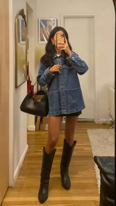 Outfits With High Black Boots, Casual Tall Boots Outfit, Black Tecovas Outfit, Black Boots Spring Outfit, Black Cowboy Boots Outfit Fall 2023, Winter Outfit With Cowboy Boots, High Neck Outfits Women, Black Knee High Cowboy Boots Outfit, Chelsea Cutler Concert Outfit