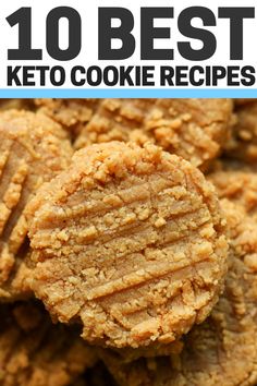 keto peanut butter cookies stacked on top of each other with the title in the middle