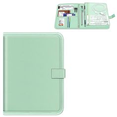 a mint green leather case for an electronic device with its contents neatly packed in it