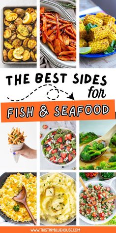 the best sides for fish and seafood in this postcard collage is featured below