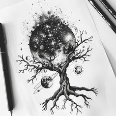 a drawing of a tree with planets and stars in the sky on it's side