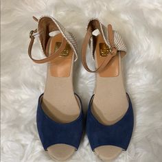 Kanna Espadrille Wedges Blue Suede Peep Toe Woven Heel Made In Spain. Perfect Addition To Any Minimalist Capsule Wardrobe! I Nwot Blue Wedge Heel Espadrilles For Summer, Blue Leather Beach Espadrilles, Blue Leather Espadrilles For Beach, Blue Leather Espadrilles For The Beach, Blue Closed Toe Platform Espadrilles, Blue Platform Closed Toe Espadrilles, Blue Leather Closed Toe Espadrilles, Blue Closed Toe Wedge Sandals For Vacation, Blue Open Toe Espadrilles For Vacation