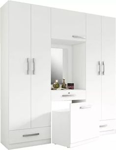 a white wardrobe with two drawers and a mirror