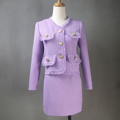 Step into elegance with our Women's Custom Made Purple Lilac Tweed Jacket paired with your choice of a mini or long skirt. This sophisticated suit is perfect for weddings, birthday parties, Valentine's Day celebrations, or as a thoughtful personalized gift. Meticulously crafted to bring a touch of charm and style to your special occasions. Features: Handmade to order Purple lilac tweed jacket for a refined and timeless look Mini or long skirt options for a versatile formal suit Ideal for weddings, birthday parties, Valentine's Day, or as a personalized gift Customization available for a unique touch Materials: High-quality tweed fabric in a beautiful purple lilac shade Crafted with attention to detail for comfort and style Sizing: Please provide your measurements for a perfect fit. Consult Elegant Lavender Blazer For Spring, Lavender Fitted Sets For Formal Occasions, Purple Sets For Fall Party, Fitted Lavender Blazer For Spring, Lavender Fitted Blazer For Spring, Elegant Lavender Formal Sets, Formal Purple Sets For Spring, Luxury Single-button Tweed Jacket For Formal Occasions, Elegant Lavender Party Sets