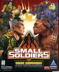 the game cover for small soldiers, with two men facing each other in front of them