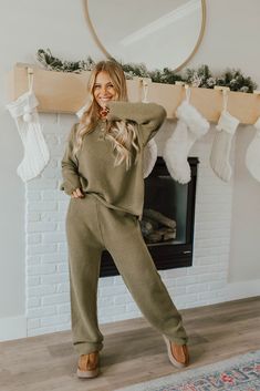 Look stylishly cozy from day to night in THE HENLEY SWEATER SET IN OLIVE. This waffle knit set is nursing friendly and features a button down henley top with an oversized fit and a hi-lo hem. The wide leg pants have an elastic waist for comfy stretch. Perfect for the chill life! Paired with THE WIMBLEDON LONG SLEEVE TOP IN WHITE Sold as a set. Top: Waffle texture throughout Oversized fit Hi-lo Button down henley Not see-through, no undershirt required Nursing friendly 42% acrylic, 30% polyester, Sweater Set Outfits, Sweater Sets Womens, Chill Life, Modest Shorts, Henley Sweater, Knee Length Shorts, Sweater Fits, Nursing Friendly, Henley Top