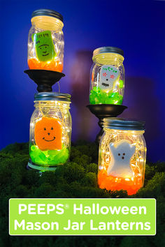 Four mason jars on display containing Halloween PEEPS including Monsters, Skulls, Pumpkins, and Ghosts, string lights, and MIKE AND IKE candies. Peeps Halloween, Mason Jar Halloween Decorations, Sesame Street Crafts, Mason Jar Halloween, Tree Unit, Lab Decorations, Class Mom, Stem Club