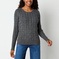 Add unique texture and vibrant color to your cold-weather wardrobe with this St. John's Bay women's tall cable-knit sweater made from a soft cotton blend. It has a classic crew neckline, long sleeves and ribbed trims. Stock up on different colors and pair yours with pants or jeans.Features: EssentialsClosure Type: Pullover HeadFit: Regular FitNeckline: Crew NeckSleeve Length: Long SleeveSleeve Style: Fitted SleeveApparel Length: 26.5 Inches - Front, 26 Inches - BackFiber Content: 88% Cotton, 12% Stretch Long Sleeve Gray Sweater, Casual Charcoal Long Sleeve Sweater, Stretch Gray Soft Knit Sweater, Gray Long Sleeve Fine Knit Sweater, Cozy Heather Grey Long Sleeve Sweater, Grey Sweaters, Tall Sweater, Large Sweaters, Small Sweater