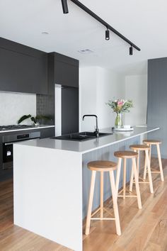 a kitchen with three stools next to an island